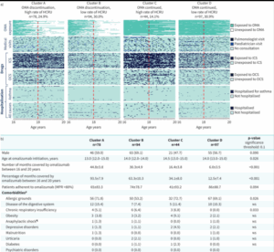 Clusters of exposure patterns to omalizumab and healthcare pathway over the adolescent to young adult transition period (age 16–20 years).